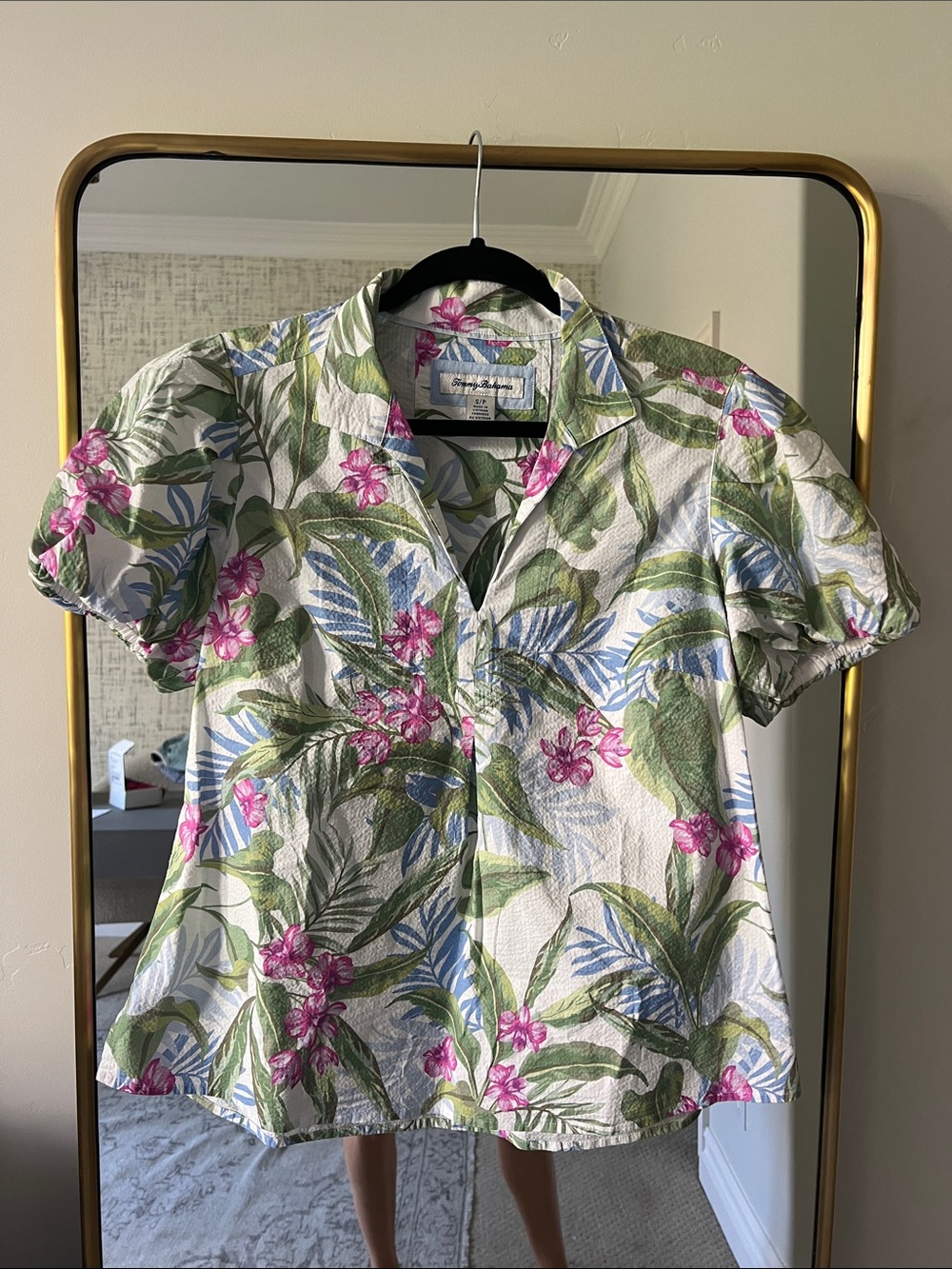Tommy Bahama White Puff Sleeve Tropical Floral Short-Sleeve Blouse